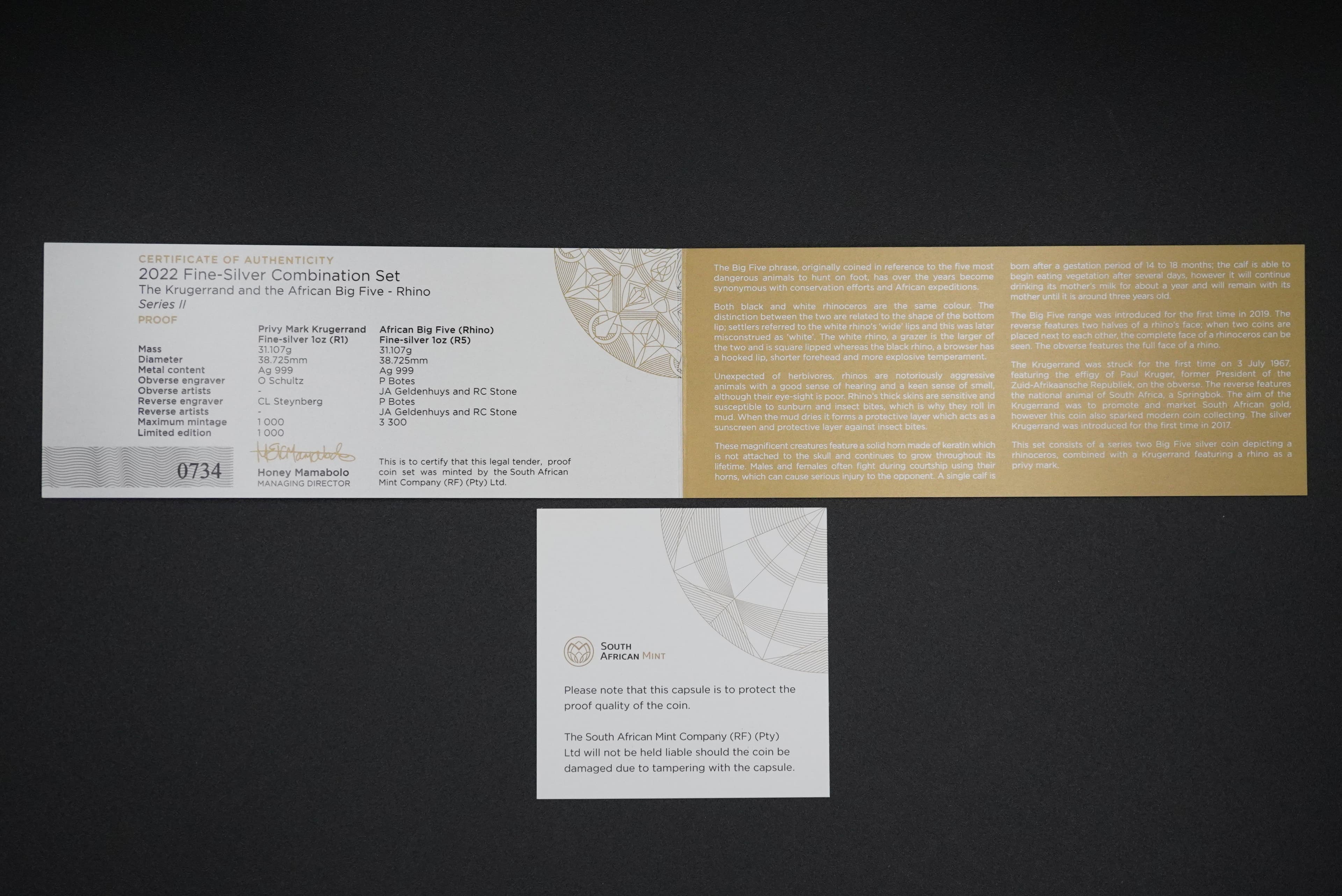 2022 Fine-Silver Combination Set The Krugerrand and the African Big Five - Rhino Series II Proof