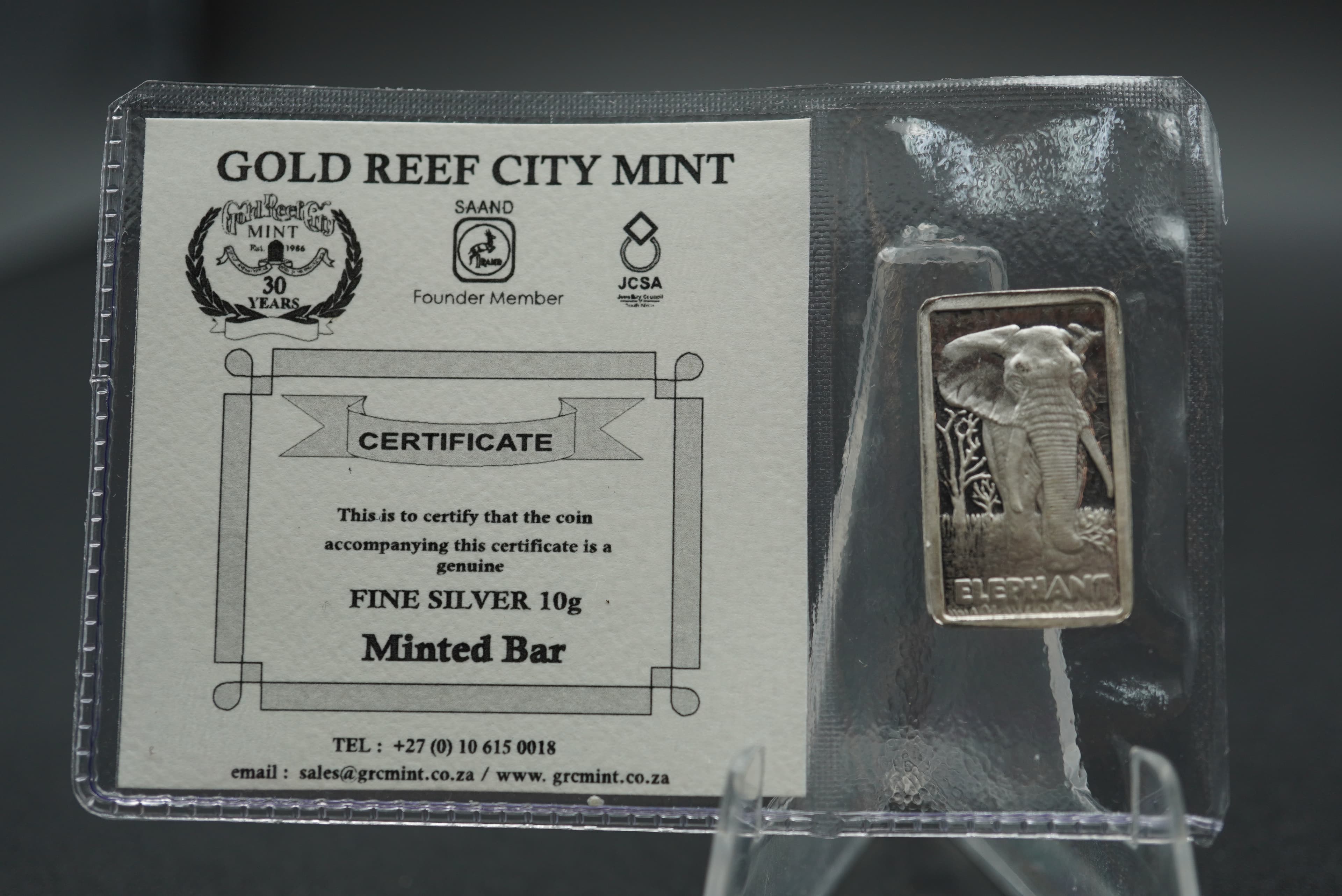 GRC elephant minted bar 10g silver
