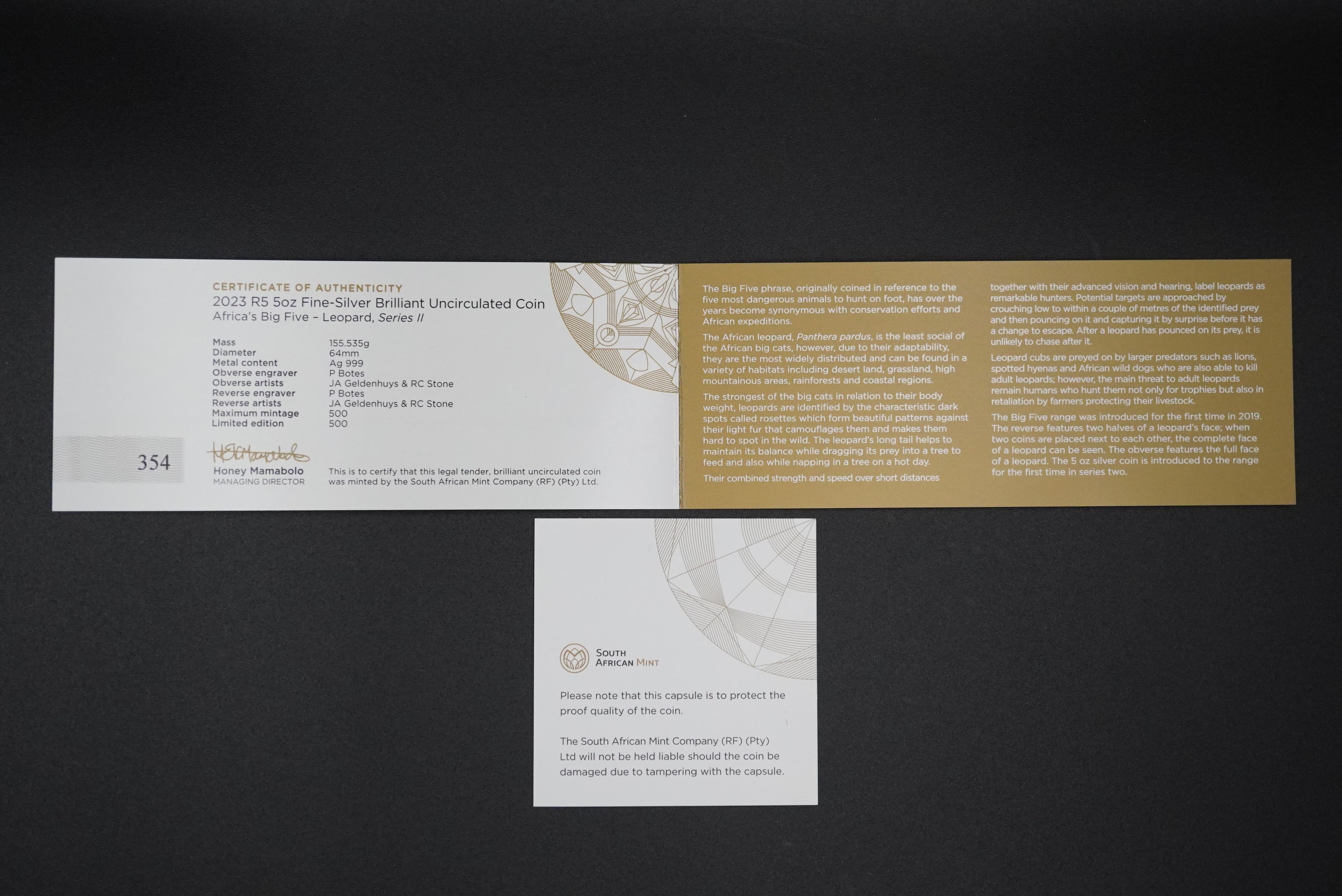 2023 S.Africa  2023 R5 5oz Fine-Silver Brilliant Uncirculated Africa's Big Five - Leopard, Series  II