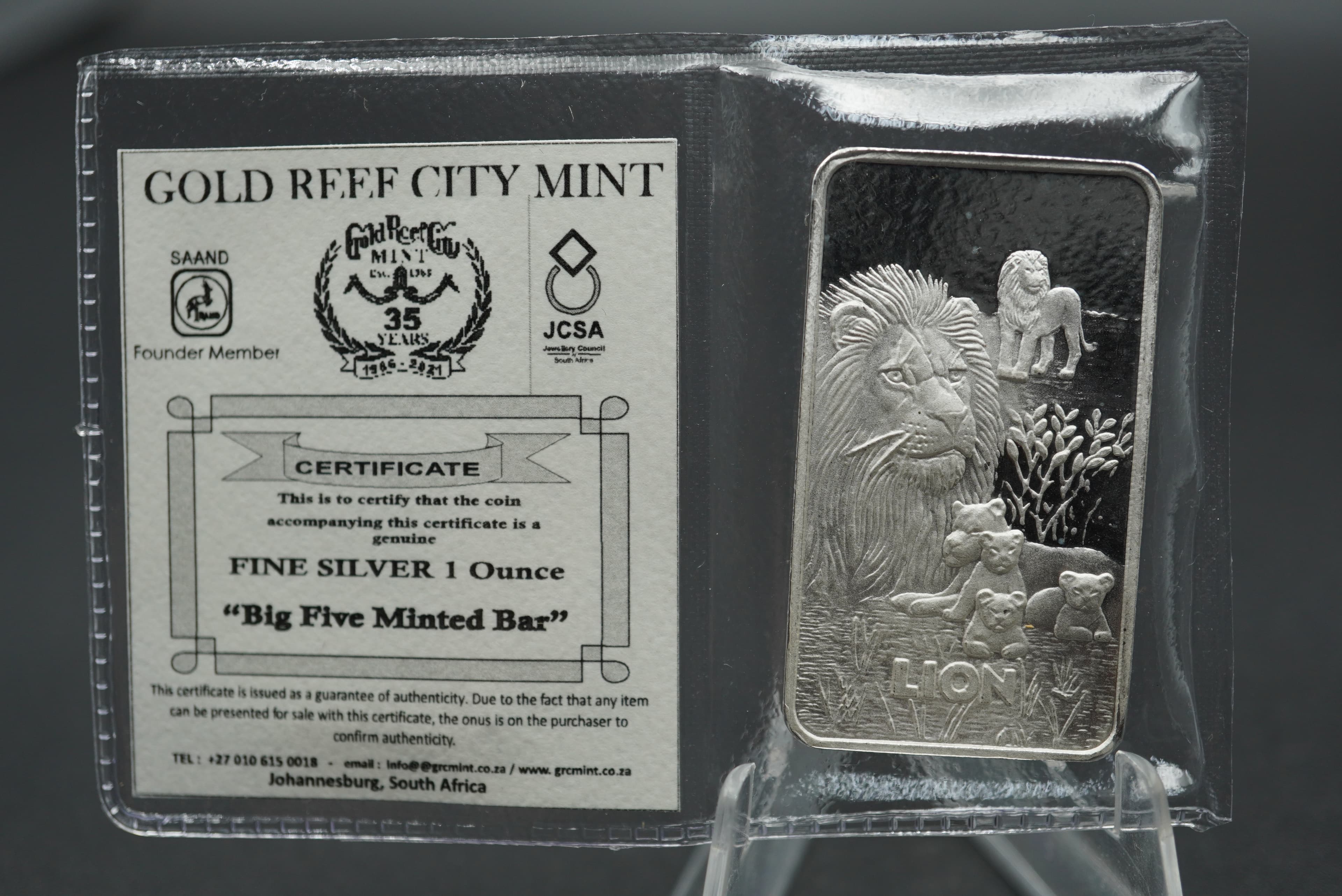GRC Big Five Minted Bar lion 1oz silver
