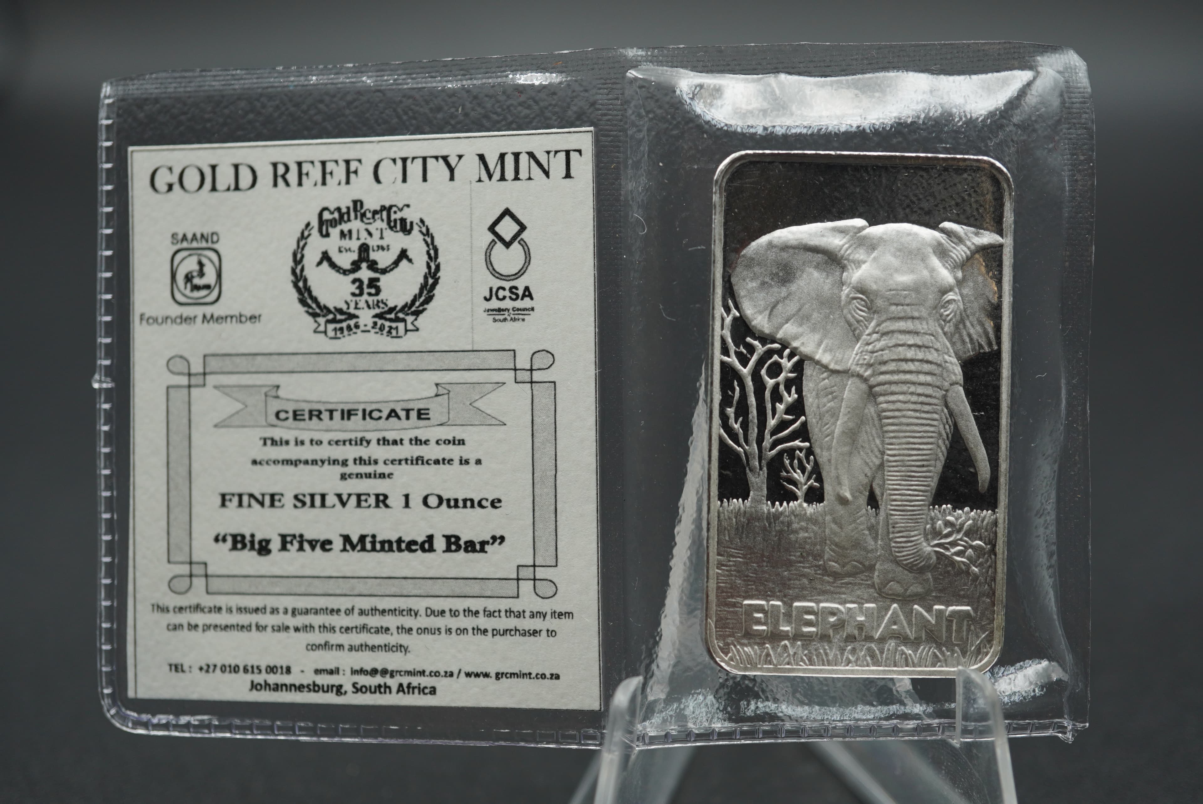 GRC Big Five Minted Bar elephant 1oz silver