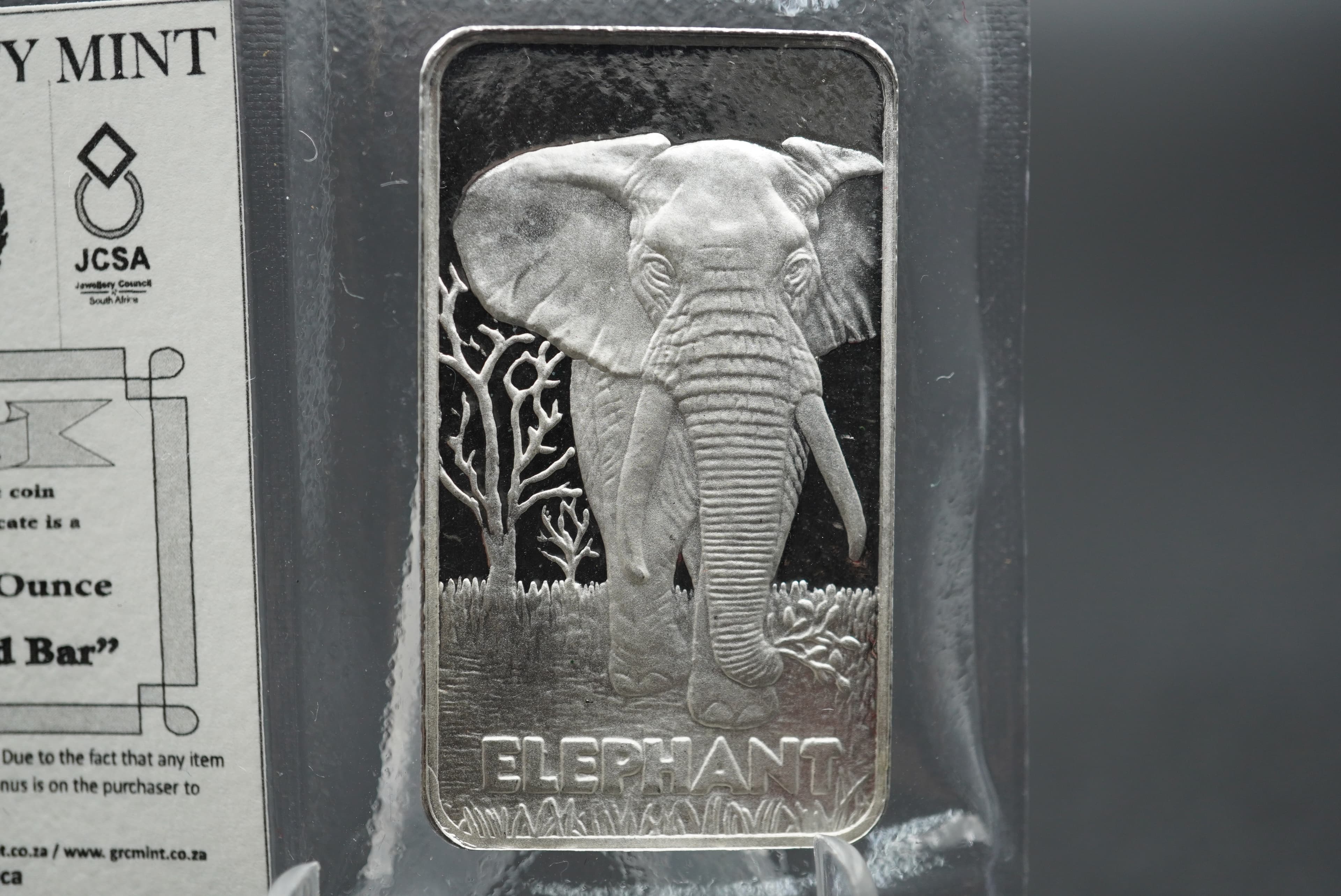 GRC Big Five Minted Bar elephant 1oz silver