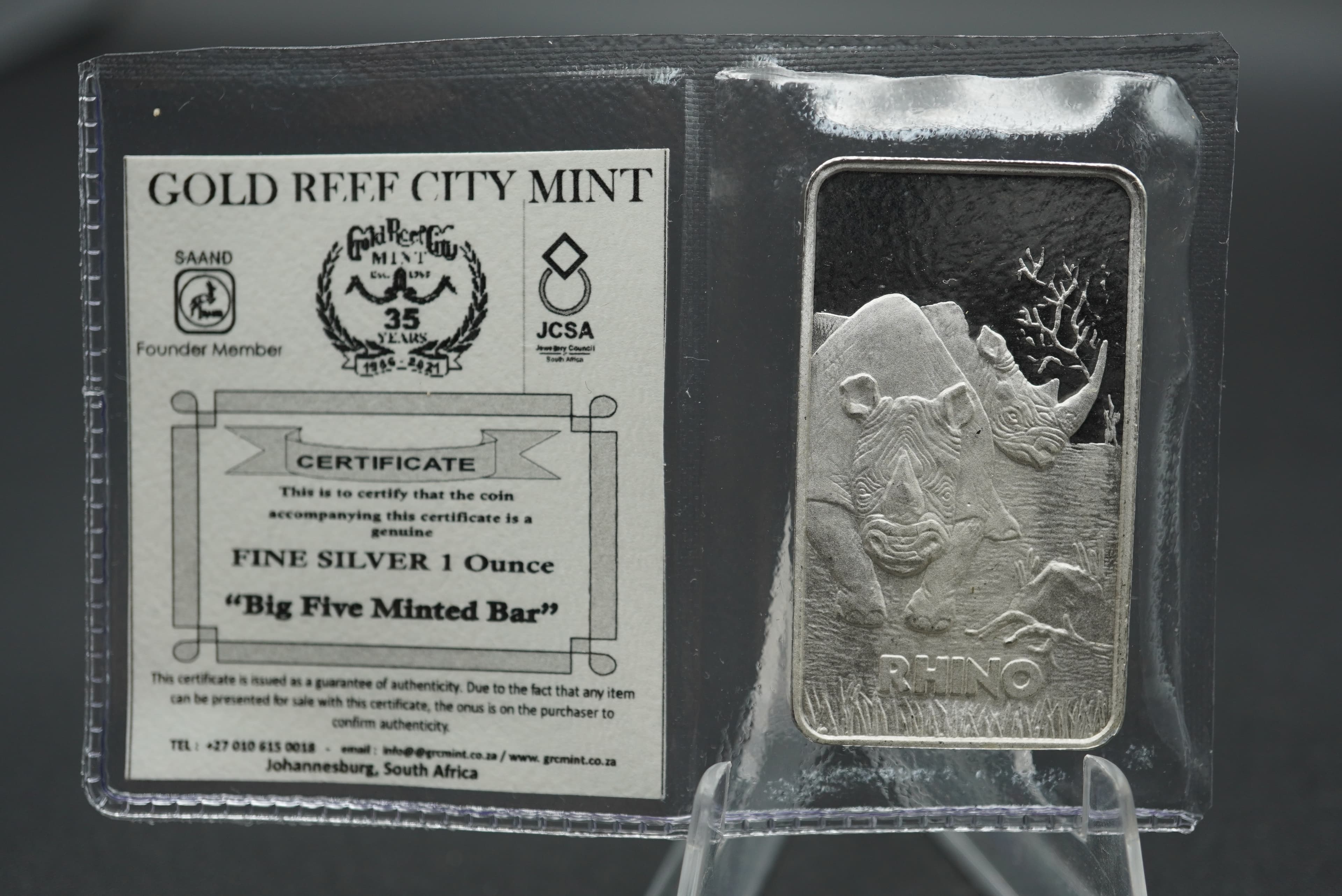 GRC Big Five Minted Bar rhino 1oz silver