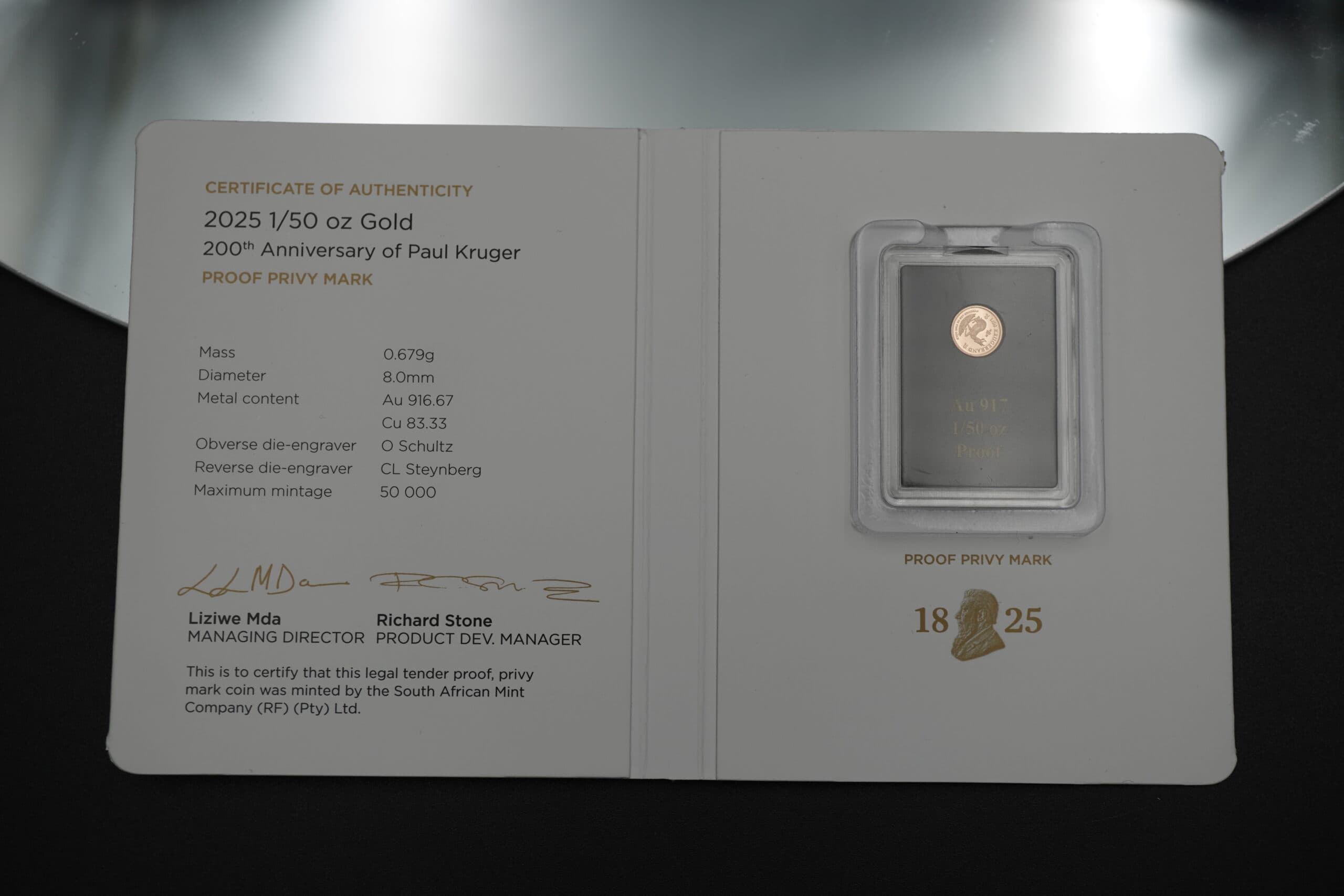 2025 1/50 oz gold proof Krugerrand with PK200 privy mark