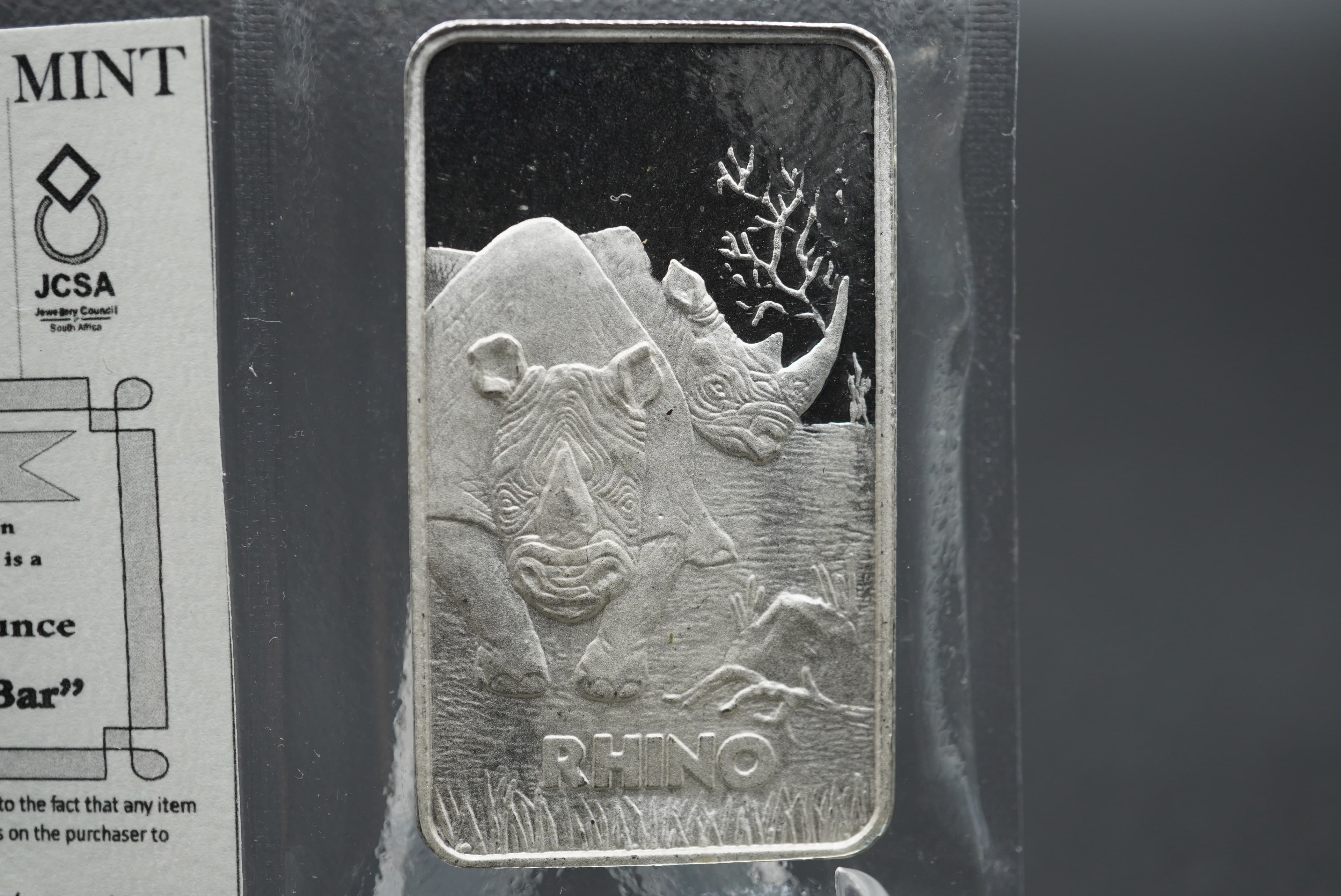 GRC Big Five Minted Bar rhino 1oz silver