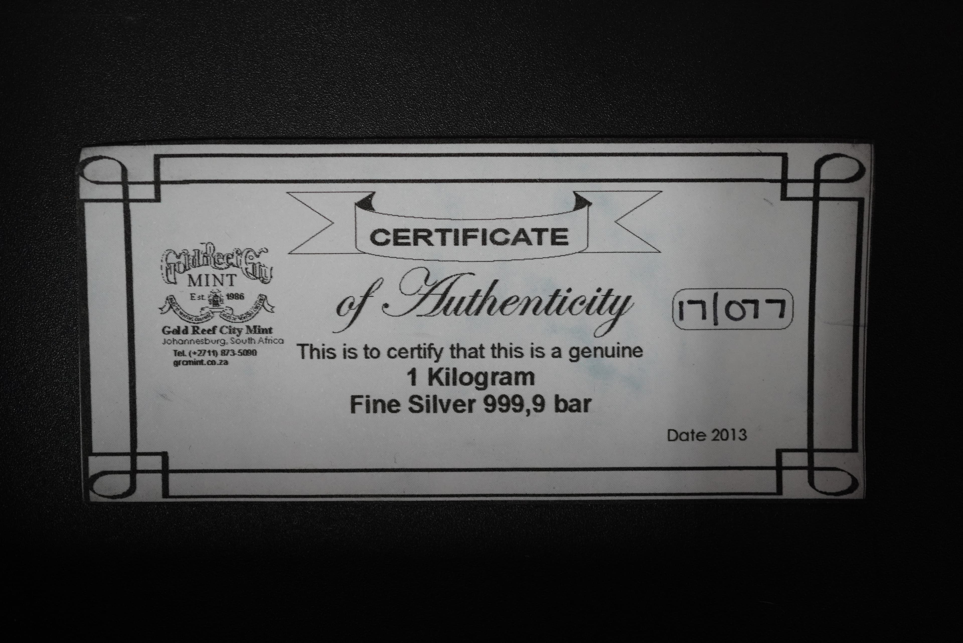 GRC 2013 1kg Fine Silver Bar