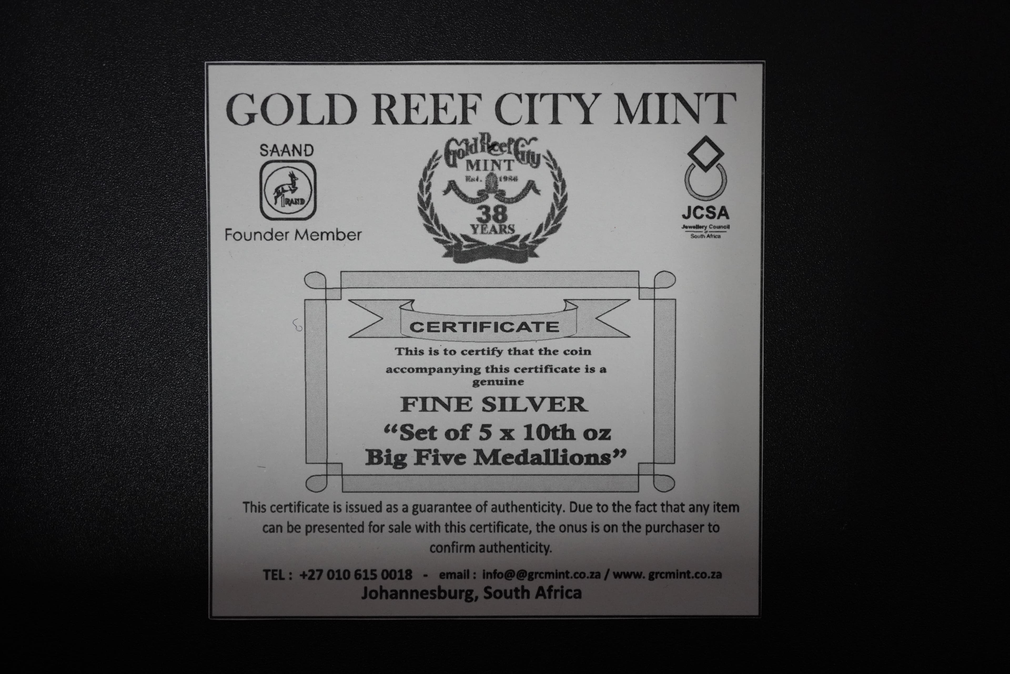 GRC Big Five x5 1/10oz Fine Silver Meddalion Set