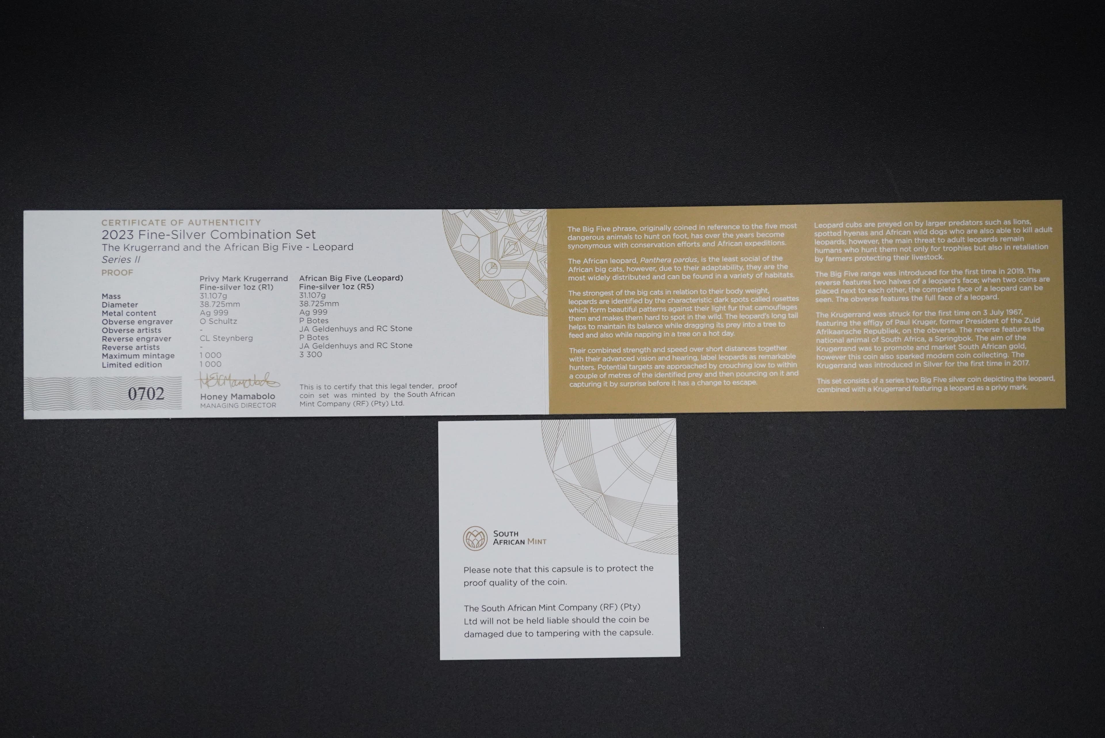 2023 S.Africa Fine Silver Combination Set- The Krugerrand and the African Big Five- Leopard Series II