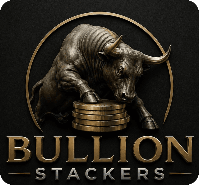 Bullion Stackers logo — bronze bull over a stack of gold coins