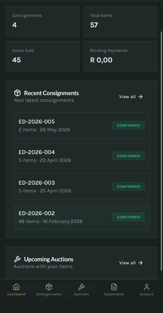 Client portal — dashboard with consignment summary
